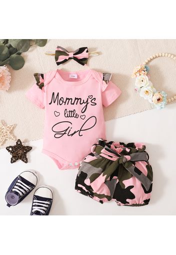 3pcs Letter and Camouflage Print Short-sleeve Pink Baby Set