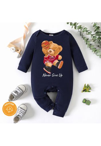 Baby Boy 95% Cotton Long-sleeve Basketball Bear & Letter Print Dark Blue Jumpsuit