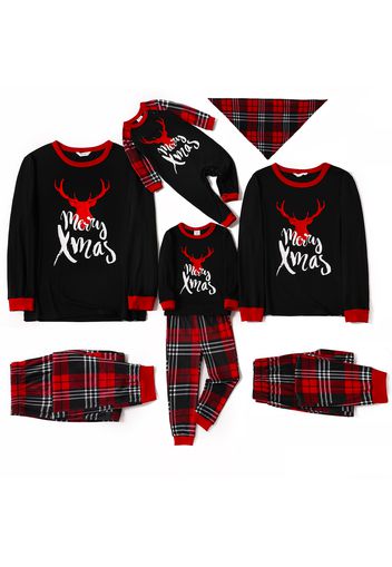 Christmas Reindeer and Letter Print Black Family Matching Long-sleeve Plaid Pajamas Sets