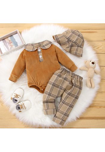 3pcs Baby Boy/Girl Velvet Long-sleeve Romper with Plaid Trousers and Bucket Hat Set