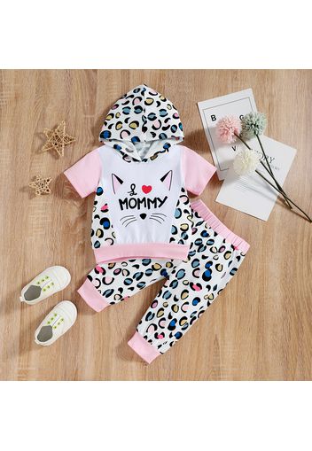 2pcs Baby Girl All Over Cartoon Animal Print Hooded Short-sleeve Top and Pants Set