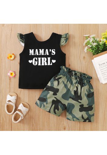 2-piece Toddler Girl Letter Print Back Crisscross Flutter-sleeve Tee and Camouflage Print Paperbag Shorts Set