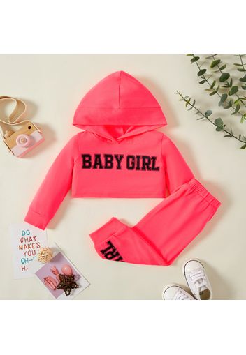 2pcs Baby Girl Letter Print Solid Long-sleeve Hooded Crop Top and Pants Set