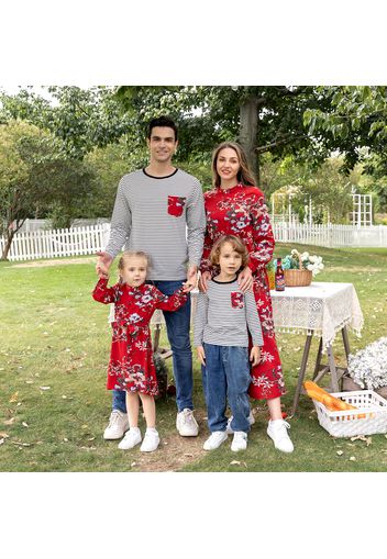 Floral Print Red Family Matching Sets（Belted Midi Dresses and Striped Long-sleeve T-shirts）