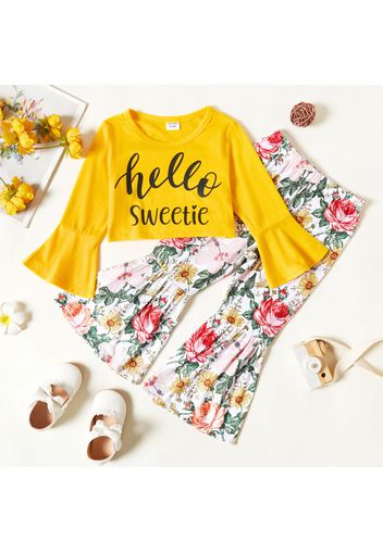 2-piece Toddler Girl Letter Print Bell sleeves Tee and Floral Print Flared Pants Set