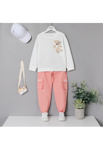 2-piece Kid Girl Solid Color Long-sleeve Tee and Letter Embroidered Cargo Pants Set ( Bear Doll is included)