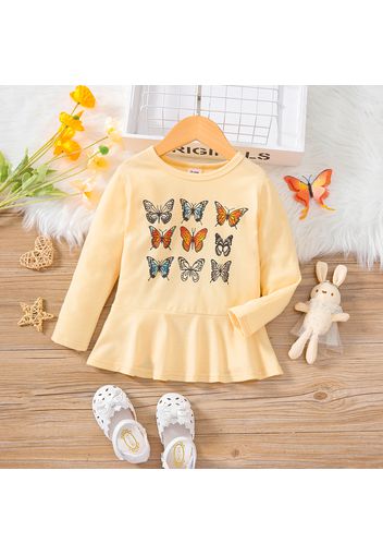 Toddler Girl Butterfly Print Ruffle Hem Short-sleeve Yellow Tee