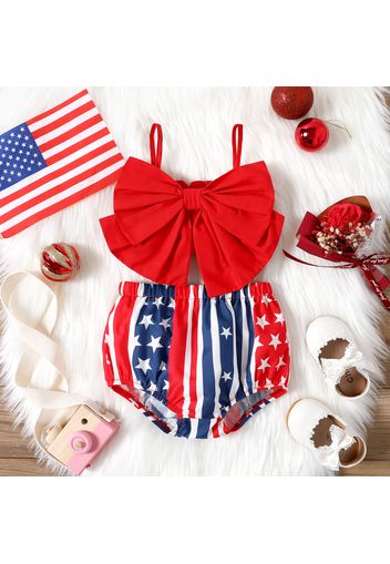 Independence Day 2pcs Baby Girl 100% Cotton Red Bowknot Camisole and All Over Print Shorts Set