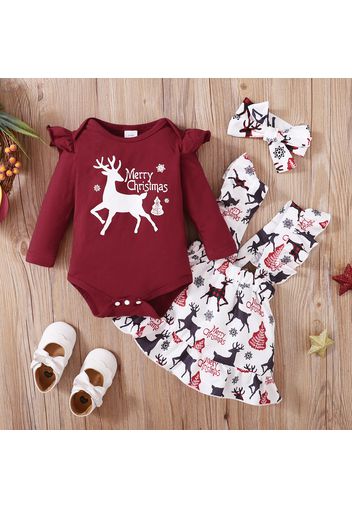 Christmas 3pcs Baby Reindeer and Letter Print Red Long-sleeve Romper with Ruffle Suspender Skirt Set