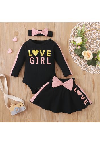 3pcs Baby Girl Love Heart Letter Print Colorblock Ribbed Long-sleeve Romper with Bowknot Skirt and Headband Set