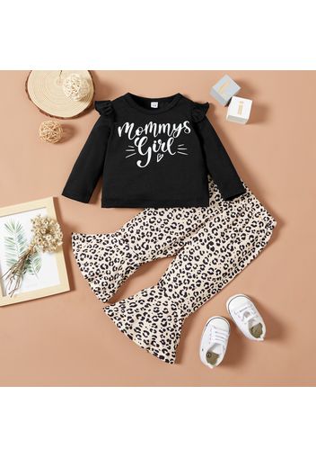 2pcs Baby Girl Letter Print Ruffle Long-sleeve T-shirt and Leopard Bell Bottom Pants Set