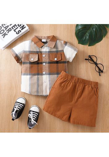 2pcs Baby Boy Short-sleeve Plaid Shirt and Solid Shorts Set