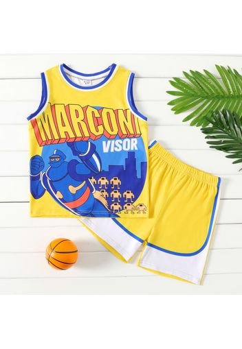 2-piece Kid Boy Letter Print Colorblock Tank Top and Elasticized Shorts Sporty Set