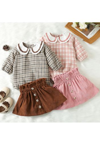 100% Cotton 2pcs Baby Doll Collar Long-sleeve Plaid Top and Corduroy Mini Skirt Set