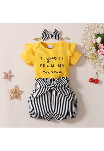 3pcs Solid and Stripe Short-sleeve Ribbed Baby Set