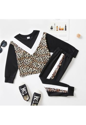 2-piece Kid Girl Leopard Print Colorblock Long-sleeve Top and Elasticized Pants Casual Set