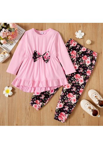 2-piece Toddler Girl Bowknot Design Ruffle Hem Long-sleeve Pink Top and Floral Print Pants Set