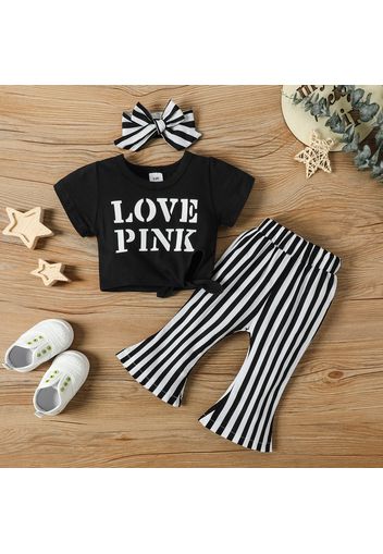 3pcs Baby Girl 100% Cotton Black Striped Flared Pants and Letter Print Short-sleeve Self-tie Crop Top with Headband Set