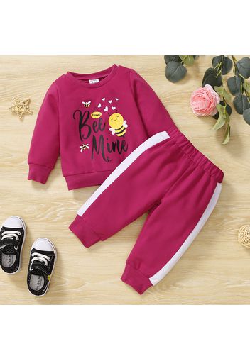 2pcs Baby Girl Cartoon Bee and Letter Print Hot Pink Long-sleeve Sweatshirt with Sweatpants Set