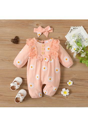 100% Cotton Crepe 2pcs Baby Girl Daisy Floral Print Lace Bowknot Long-sleeve Jumpsuit Set