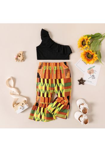 2pcs Baby Girl One Shoulder Ruffle Trim Crop Top and Boho Print Flared Pants Set