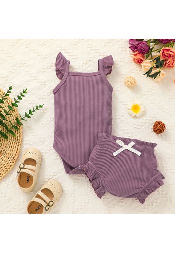 2pcs Baby Girl Solid Ribbed Flutter-sleeve Romper and Ruffle Shorts Set