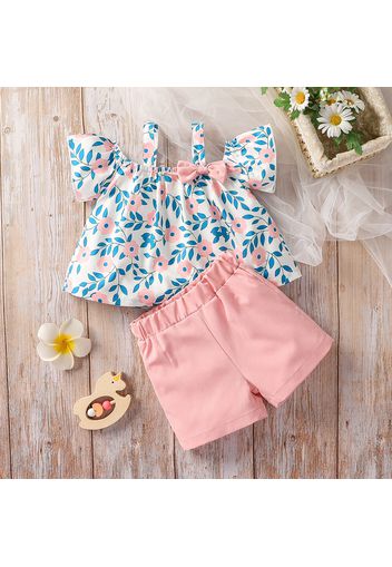 2pcs Toddler Girl Floral Print Bowknot Design Off Shoulder Short-sleeve Camisole and Pink Shorts Set