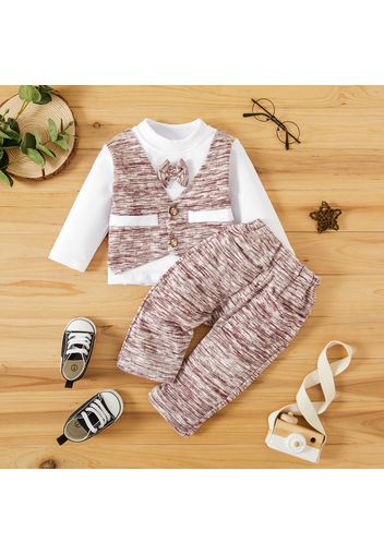 2pcs Baby Heathered Gentleman Bow Tie Long-sleeve Cotton Faux-two T-shirt and Trousers Set