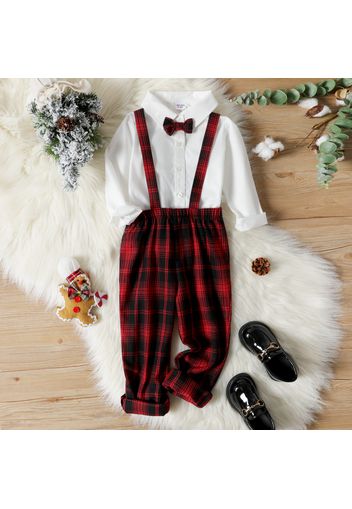 2-piece Toddler Boy Bow tie Design Lapel Collar Button-Down White Shirt and Plaid Overalls Party Set