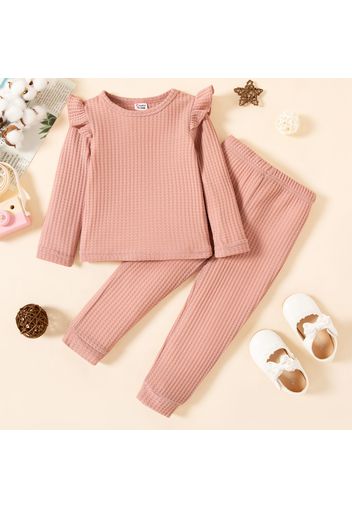 2-piece Toddler Girl Ruffled Textured Long-sleeve Top and Solid Color Pants Set