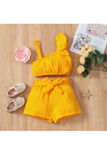 2pcs Toddler Girl 100% Cotton Solid Color Ruffled Camisole and Belted Shorts Set