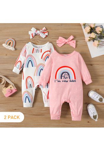 2-Pack Baby Girl Long-sleeve Rainbow Print Jumpsuits with Headbands Sets