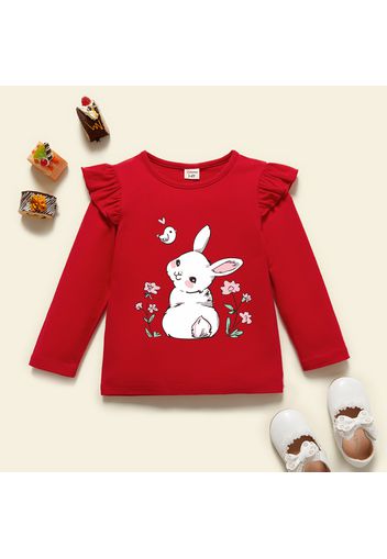 Toddler Graphic Rabbit and Floral and Bird Print Ruffled Long-sleeve Tee