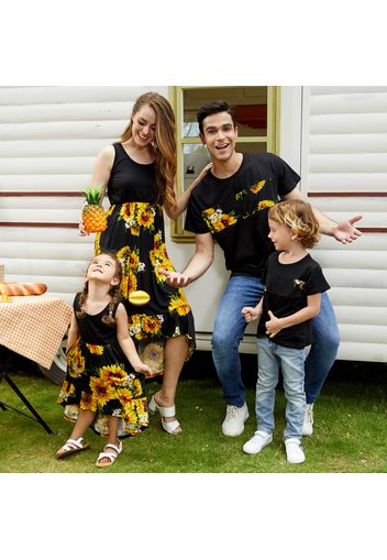 Sunflower Series Black Family Matching Sets(Tank Dresses for Mom and Girl - Short Sleeve T-shirts for Dad and Boy)