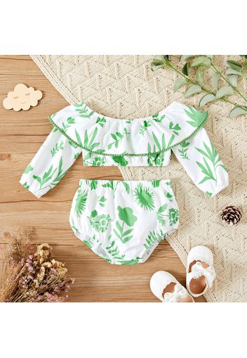 Baby Girl 2pcs Plants Print Ruffle Crop Top and Shorts Elasticized Set