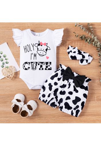 3pcs Baby Girl Letter Cow Print Flutter-sleeve Romper and Bloomers Shorts with Headband Set