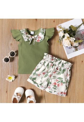 2-piece Toddler Girl Doll Collar Ribbed Flutter-sleeve Green Te and Floral Print Paperbag Shors Set