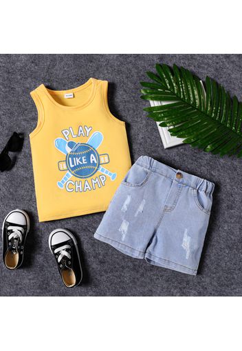 2pcs Toddler Boy Playful Ripped Denim Shorts and Letter Baseball Print Tank Top Set