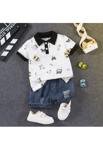 2pcs Toddler Boy Playful Ripped Denim Shorts and Vehicle Print Polo Shirt Set