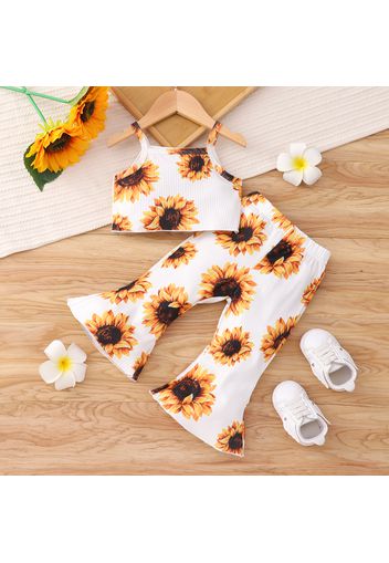 2pcs Baby Girl All Over Sunflower Floral Print Ribbed Spaghetti Strap Crop Top and Flared Pants Set