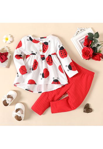 2pcs Baby Girl Allover Ladybug Print Long-sleeve Dress with Rib Knit Leggings Set