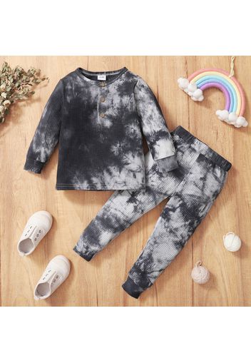 2-piece Toddler Girl/Boy Tie Dye Long-sleeve Ribbed Henley Shirt and Elasticized Pants Set