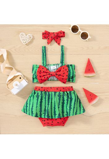 3pcs Baby Girl Watermelon Print Bow Front Cami Crop Top and Shorts with Headband Set