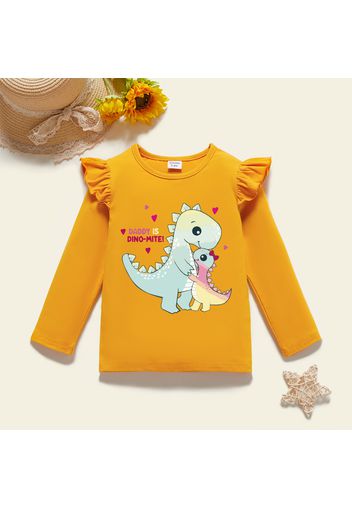 Toddler Girl Graphics Dinosaur and Heart-shaped and Letter Print Ruffle Long-sleeve Tee