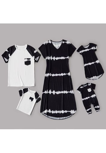 Black and White Family Matching Sets(Midi Dresses and Short-sleeve T-shirts)