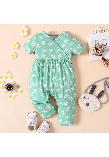 Baby Girl All Over Floral Print V Neck Short-sleeve Snap-up Jumpsuit