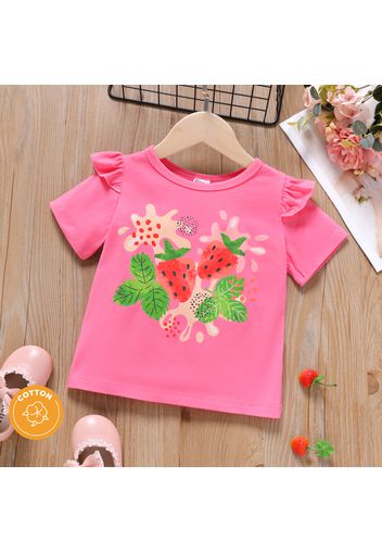 Toddler Girl Fruit Strawberry Print Ruffled Deep pink Short-sleeve Tee