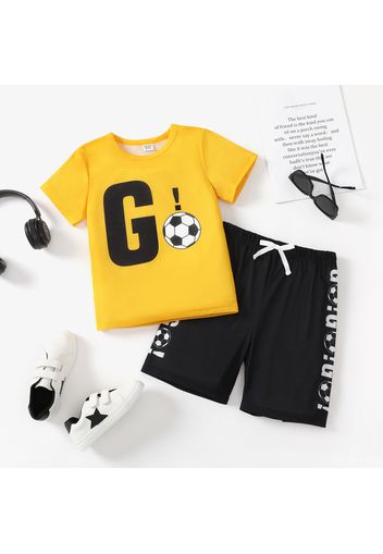 2pcs Kid Boy Letter Soccer Print Short-sleeve Tee and Colorblock Shorts Set