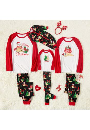 Christmas Sloth and Letter Print Family Matching Red Raglan Long-sleeve Pajamas Sets