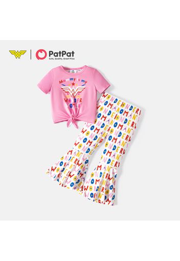 Wonder Woman 2pcs Toddler Girl Letter Print Short-sleeve Pink Tee and Allover Print Flared Pants Set